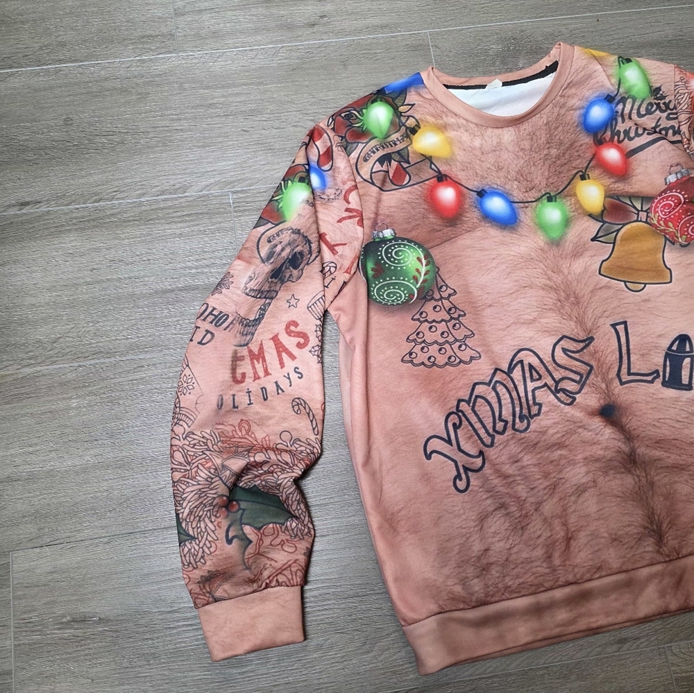 XMas Life Ugly Christmas Sweater Mens Size M Tattoos Faux Hairy Chest - Picture 6 of 7